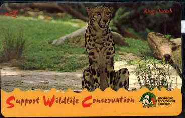 Telephone Card - Singapore $20 phone card showing King Cheetah (Wildlife Conservation Series), stamps on cats     cheetah
