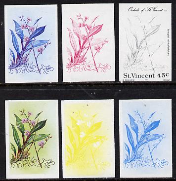 St Vincent 1985 Orchids 45c (SG 851) set of 6 imperf progressive proofs comprising the 4 individual colours plus 2 & 3-colour composites unmounted mint, stamps on flowers, stamps on orchids