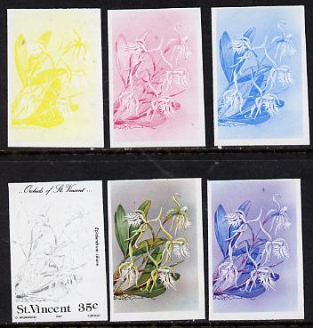 St Vincent 1985 Orchids 35c (SG 850) set of 6 imperf progressive proofs comprising the 4 individual colours plus 2 & 3-colour composites unmounted mint, stamps on flowers, stamps on orchids