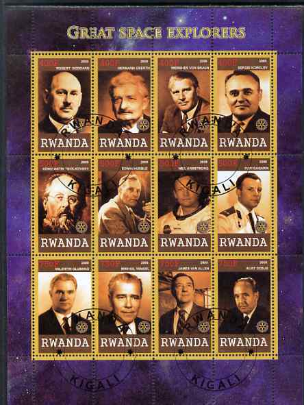 Rwanda 2009 Great Space Explorers & Scientists perf sheetlet containing 12 values cto used each with Rotary Logo (Goddard, Von braun, Hubble,Armstrong, Gagarin, van Allen etc), stamps on personalities, stamps on science, stamps on space, stamps on rockets, stamps on apollo, stamps on rotary