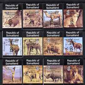 Somaliland 1998 Indigenous Animals imperf set of 12 values unmounted mint with Scout Jamboree opt in black*, stamps on animals     lions     cats    warthog     hyena     aardvaak     hartbeest    caracal      fox        camel     gerenur    klipspringer     rhino    oryx     dogs     pigs    swine      scouts, stamps on  fox , stamps on foxes, stamps on 
