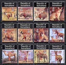 Somaliland 1998 Indigenous Animals perf set of 12 values unmounted mint with Scout Jamboree opt in red*, stamps on , stamps on  stamps on animals     lions     cats    warthog     hyena     aardvaak     hartbeest    caracal      fox        camel     gerenur    klipspringer     rhino    oryx     dogs     pigs    swine      scouts, stamps on  stamps on  fox , stamps on  stamps on foxes, stamps on  stamps on  