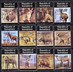 Somaliland 1998 Indigenous Animals perf set of 12 values unmounted mint with Scout Jamboree opt in black*, stamps on animals     lions     cats    warthog     hyena     aardvaak     hartbeest    caracal      fox        camel     gerenur    klipspringer     rhino    oryx     dogs     pigs    swine      scouts, stamps on  fox , stamps on foxes, stamps on 