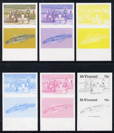 St Vincent 1986 Freshwater Fishing (Tri Tri) 75c set of 6 imperf progressive proofs in se-tenant pairs comprising the 4 individual colours plus 2 & 3-colour composites (as SG 1045a) unmounted mint, stamps on fish, stamps on fishing, stamps on marine life