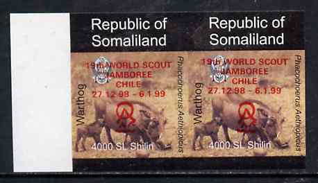 Somaliland 1998 Warthog 4,000 SL (from Animal def set) unmounted mint imperf pair with Scout Jamboree opt in red, stamps on animals         warthog     pigs    swine      scouts