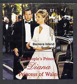 Bernera 1998 Diana, The Peoples Princess perf souvenir sheet (Â£1 value Arriving for a Function) optd In Memorium, 1st Anniversary unmounted mint, stamps on royalty     diana     police