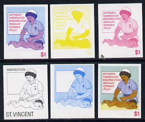 St Vincent 1987 Child Health $1 (as SG 1052) set of 6 progressive proofs comprising the 4 individual colours plus 2 and 3-colour composites unmounted mint, stamps on children, stamps on medical, stamps on nurses, stamps on clocks