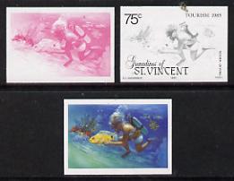 St Vincent - Grenadines 1985 Watersports 75c (Scuba Diving) set of 3 imperf progressive proofs in black only, red only and 3-colour composite (as SG 388) unmounted mint, stamps on , stamps on  stamps on fish, stamps on marine life, stamps on sport, stamps on masks, stamps on scuba diving, stamps on tourism