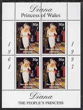 Bernera 1998 Diana, The Peoples Princess perf sheetlet containing 4 x 50p values  optd In Memorium, 1st Anniversary, unmounted mint, stamps on royalty     diana