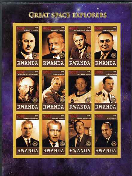 Rwanda 2009 Great Space Explorers & Scientists imperf sheetlet containing 12 values unmounted mint each with Rotary Logo (Goddard, Von braun, Hubble,Armstrong, Gagarin, van Allen etc), stamps on personalities, stamps on science, stamps on space, stamps on rockets, stamps on apollo, stamps on rotary