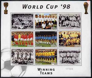 Bhutan 1998 Football World Cup unmounted mint sheetlet of 9 Winning Teams  (8 stamps plus label), stamps on football, stamps on sport