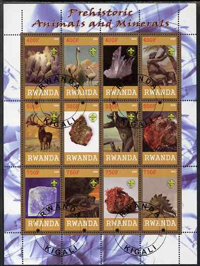 Rwanda 2009 Prehistoric Animals & Minerals perf sheetlet containing 12 values cto used each with Scout Logo , stamps on dinosaurs, stamps on minerals, stamps on scouts