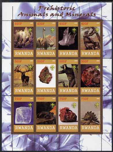 Rwanda 2009 Prehistoric Animals & Minerals perf sheetlet containing 12 values unmounted mint each with Scout Logo , stamps on dinosaurs, stamps on minerals, stamps on scouts