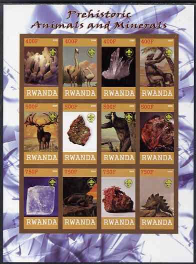 Rwanda 2009 Prehistoric Animals & Minerals imperf sheetlet containing 12 values unmounted mint each with Scout Logo , stamps on dinosaurs, stamps on minerals, stamps on scouts