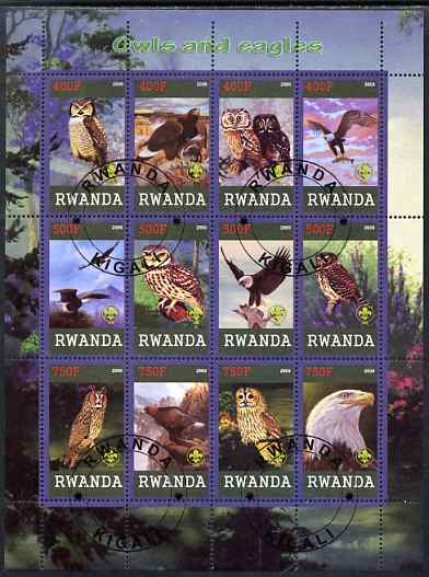 Rwanda 2009 Owls and Eagles perf sheetlet containing 12 values cto used each with Scout Logo , stamps on birds, stamps on birds of prey, stamps on owls, stamps on eagles, stamps on scouts
