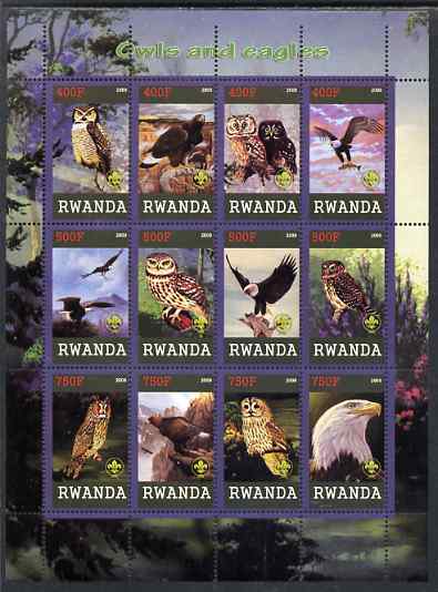 Rwanda 2009 Owls and Eagles perf sheetlet containing 12 values unmounted mint each with Scout Logo , stamps on birds, stamps on birds of prey, stamps on owls, stamps on eagles, stamps on scouts