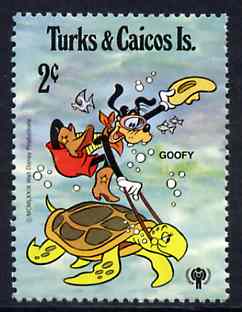 Turks & Caicos Islands 1979 Goofie & Turtle 2c from Walt Disney IYC set, SG 578 unmounted mint, stamps on turtles, stamps on reptiles