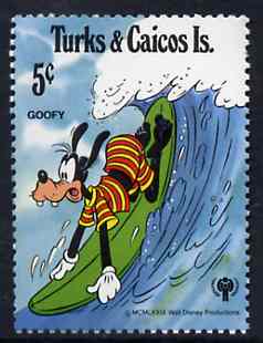Turks & Caicos Islands 1979 Goofey Surfing 5c from Walt Disney IYC set, SG 581 unmounted mint, stamps on surfing
