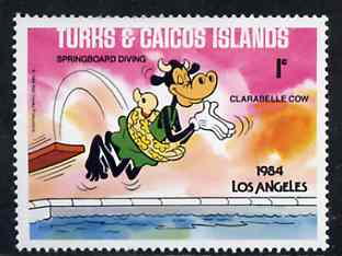Turks & Caicos Islands 1984 Clarabelle Cow Diving 1c from Walt Disney Olympic Games set, SG 786 unmounted mint, stamps on diving