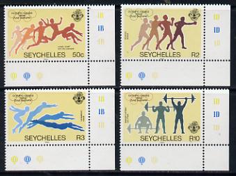 Seychelles 1984 Olympic Games set of 4 unmounted mint, SG 592-95, stamps on sport, stamps on olympics, stamps on athletics, stamps on jump, stamps on boxing, stamps on swimming, stamps on weightlifting