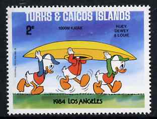 Turks & Caicos Islands 1984 Huey, Dewey & Louie in Kayak Race 2c from Walt Disney Olympic Games set, SG 788 unmounted mint, stamps on canoes