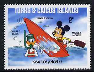 Turks & Caicos Islands 1984 Mickey Mouse in Kayak (with Snorkel Diver) 2c from Walt Disney Olympic Games set, SG 789 unmounted mint, stamps on canoes, stamps on scuba diving