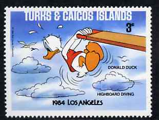 Turks & Caicos Islands 1984 Donald Duck Diving 3c from Walt Disney Olympic Games set, SG 790 unmounted mint, stamps on diving