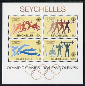 Seychelles 1984 Olympic Games m/sheet unmounted mint, SG MS 596, stamps on sport, stamps on olympics, stamps on athletics, stamps on jump, stamps on boxing, stamps on swimming, stamps on weightlifting