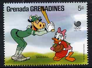 Grenada - Grenadines 1988 Clarabelle & Daisy playing Baseball 5c from Walt Disney Olympic Games set, SG 937 unmounted mint, stamps on baseball