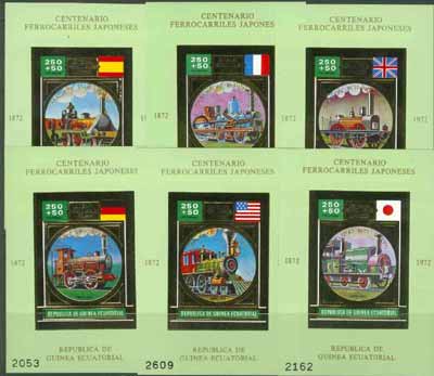 Equatorial Guinea 1972 Japanese Trains Centenary set of 6 individual sheetlets (Steam trains 250+50p) in gold with green background (Mi BL A33-38) most attractive, stamps on railways