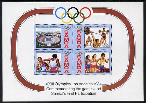 Samoa 1984 Los Angeles Olympic Games m/sheet unmounted mint, SG MS 682, stamps on , stamps on  stamps on sport, stamps on  stamps on olympics, stamps on  stamps on weightlifting, stamps on  stamps on boxing, stamps on  stamps on athletics, stamps on  stamps on running, stamps on  stamps on stadia