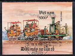 Vietnam 1991 Early Locomotives imperf m/sheet fine cto used (from limited printing) as SG MS 1585, stamps on railways