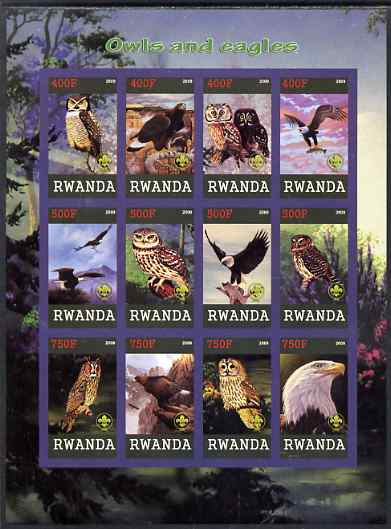 Rwanda 2009 Owls and Eagles imperf sheetlet containing 12 values unmounted mint each with Scout Logo , stamps on birds, stamps on birds of prey, stamps on owls, stamps on eagles, stamps on scouts