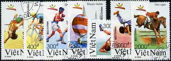 Vietnam 1991 Barcelona Olympic Games complete perf set of 7 fine cto used, SG 1536-42*, stamps on olympics      yachting     boxing    bicycles     high jump    horses   show-jumping     wrestling    judo, stamps on martial arts