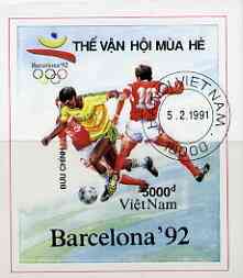 Vietnam 1991 Barcelona Olympic Games imperf m/sheet (Football) fine cto used (from limited printing) as SG MS 1543, stamps on olympics      football, stamps on sport
