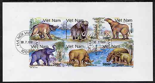 Vietnam 1991 Prehistoric Animals imperf sheetlet containing complete set of 6 fine cto used (from limited printing) as SG 1615-20, stamps on dinosaurs