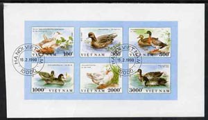Vietnam 1990 Ducks imperf sheetlet containing complete set of 6 fine cto used (from limited printing) as SG 1390-95, stamps on ducks    birds      mallards    pintails