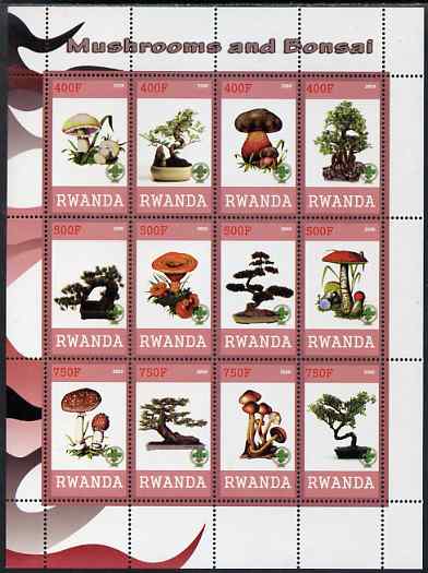 Rwanda 2009 Mushrooms and Bonsai perf sheetlet containing 12 values unmounted mint, stamps on fungi, stamps on plants, stamps on bonsai, stamps on trees