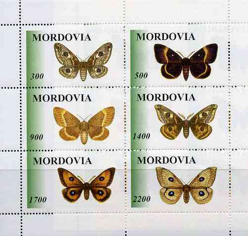 Mordovia Republic 1998 Butterflies #1 perf sheetlet containing complete set of 6 values unmounted mint, stamps on , stamps on  stamps on butterflies