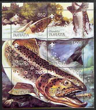 Buriatia Republic 1998 Fish composite sheet comprising set of 6 values with Scout Logo unmounted mint, stamps on fish    scouts