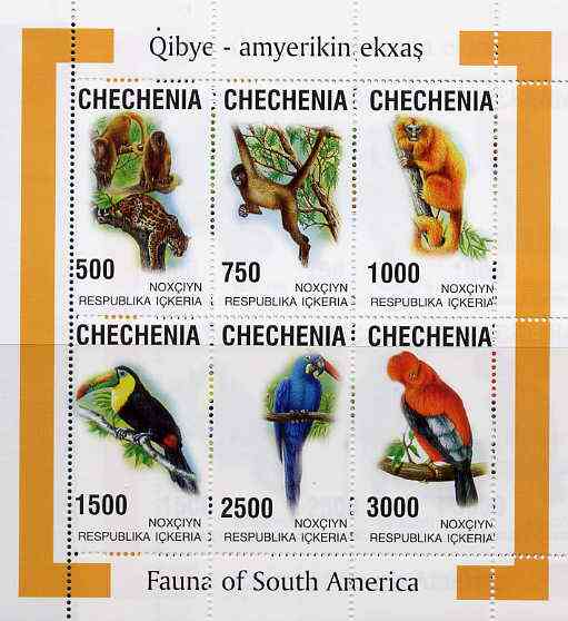 Chechenia 1998 South American Fauna sheetlet containing complete set of 6 values unmounted mint, stamps on , stamps on  stamps on animals         apes    birds    parrots