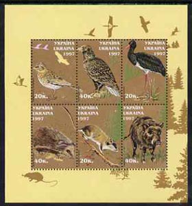 Ukraine 1997 Birds & Animals perf sheetlet containing complete set of 6 values unmounted mint, stamps on birds    animals    hedgehogs