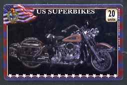 Telephone Card - US Superbikes 20 units phone card showing Harley-Davidson 1950 FL, stamps on motorbikes