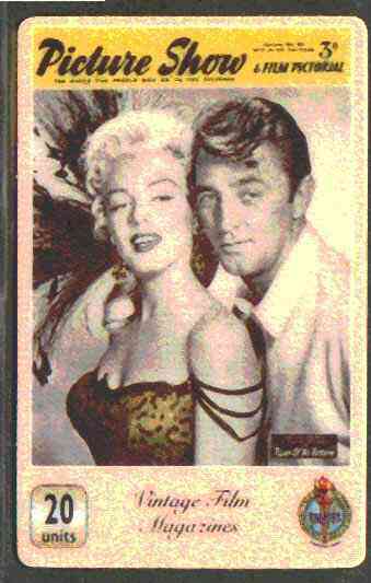 Telephone Card - Picture Show 20 units phone card showing Marilyn Monroe & Robert Mitchum in a Scene from River of no Return, stamps on marilyn monroe     films     cinema   entertainments