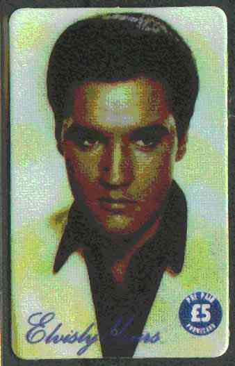 Telephone Card - Elvisly Yours £5 Limited Edition phone card showing full face portrait of Elvis in colour, stamps on elvis      pops     films     cinema   entertainments    music