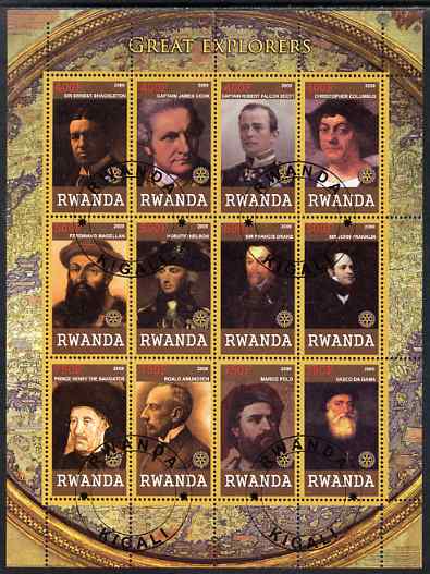 Rwanda 2009 Great Explorers perf sheetlet containing 12 values cto used each with Rotary Logos (Shackleton, Cook, Columbus, Scott, Vasco da Gama, Marco Polo, Nelson, Drak..., stamps on personalities, stamps on explorers, stamps on rotary, stamps on shackleton, stamps on cook, stamps on scott, stamps on columbus, stamps on magellan, stamps on nelson, stamps on drake, stamps on franklin, stamps on amundsen, stamps on marco, stamps on polo, stamps on vasco da gama