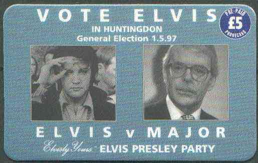 Telephone Card - Elvisly Yours £5 Limited Edition phone card 'Vote Elvis' showing Elvis & John Major, stamps on elvis      pops     films     cinema   entertainments    elections    music