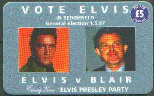 Telephone Card - Elvisly Yours £5 Limited Edition phone card 'Vote Elvis' showing Elvis & Tony Blair, stamps on elvis      pops     films     cinema   entertainments     elections    music