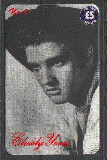 Telephone Card - Elvisly Yours No.4 - £5 Limited Edition phone card showing black & white portrait of Elvis, stamps on elvis      pops     films     cinema   entertainments    music