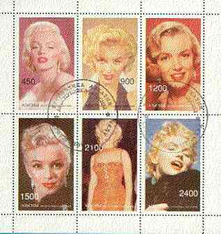 Abkhazia 1997 Marilyn Monroe perf sheetlet containing complete set of 6 values cto used, stamps on music    entertainments     women    films, stamps on marilyn monroe